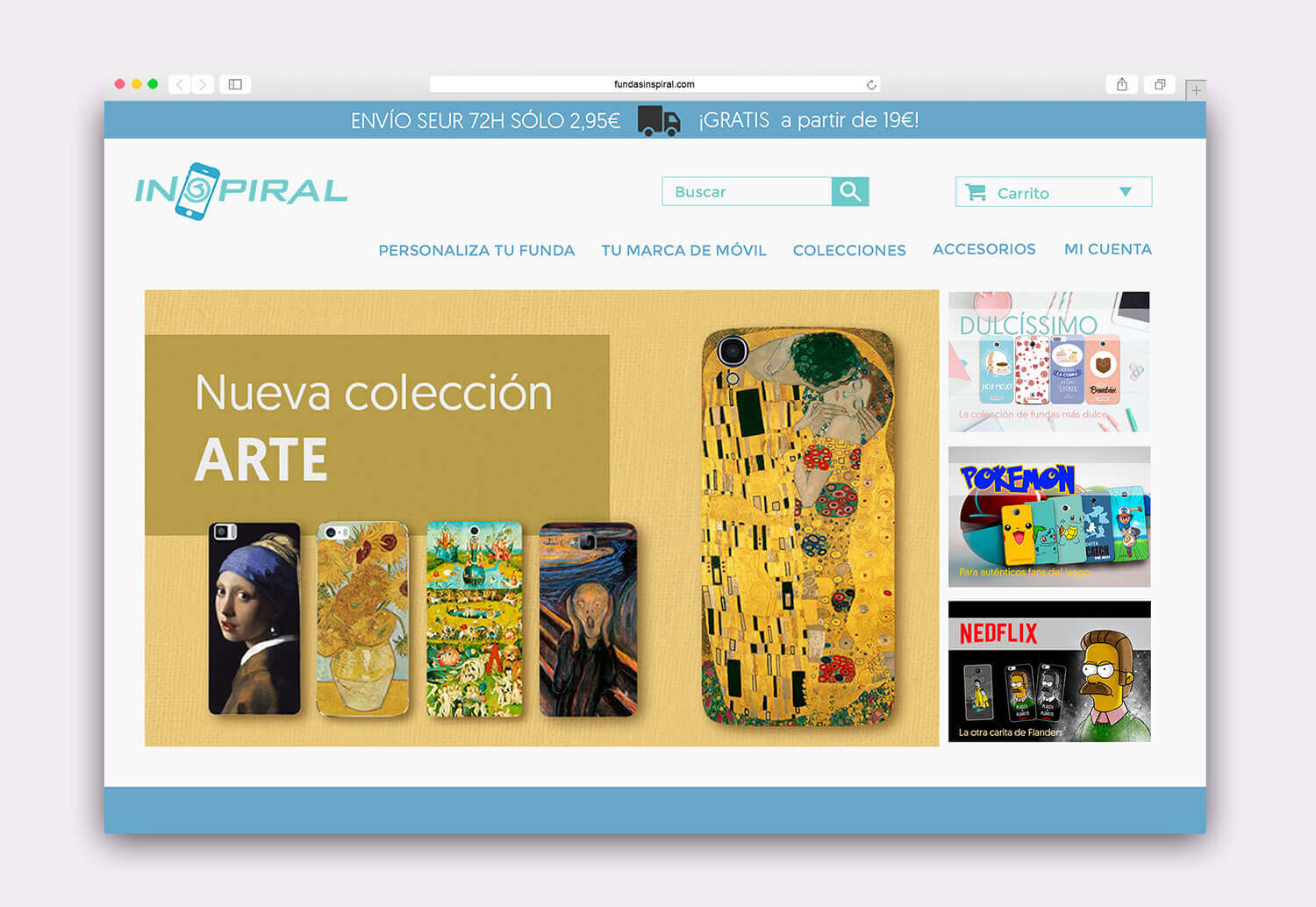 Diseño de slide para web de venta de fundas de móvil colección arte